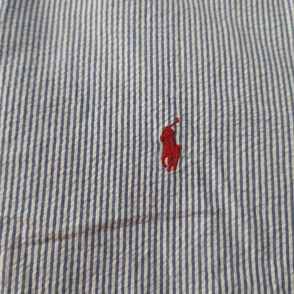 Polo Ralph Lauren Mens Blue White Striped Seersucker Short Sleeve Shirt Large - Picture 3 of 7